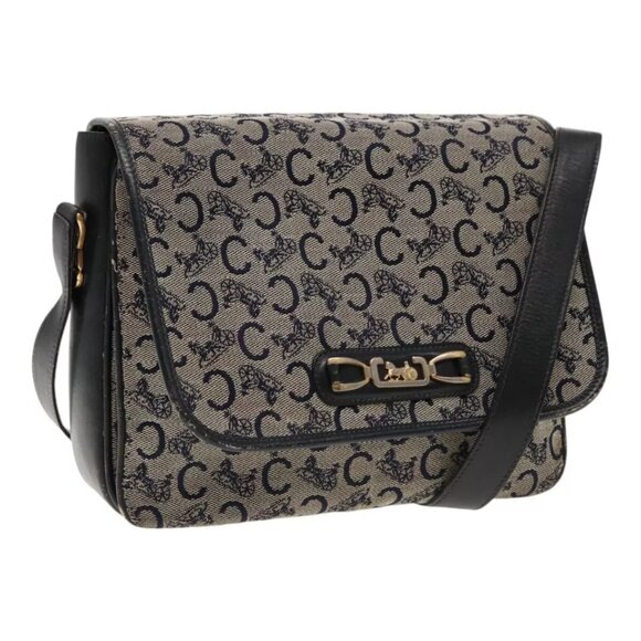 CELINE C Sulky Shoulder Bag Canvas Leather Navy Gold Auth - Picture 1 of 15